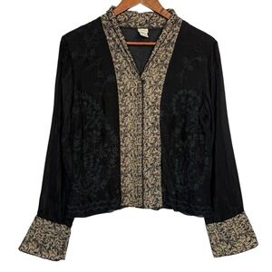J. Jill Embroidered Silk Snap Front Crinkle Blouse S P Sheer‎ Whimsigoth Fairy